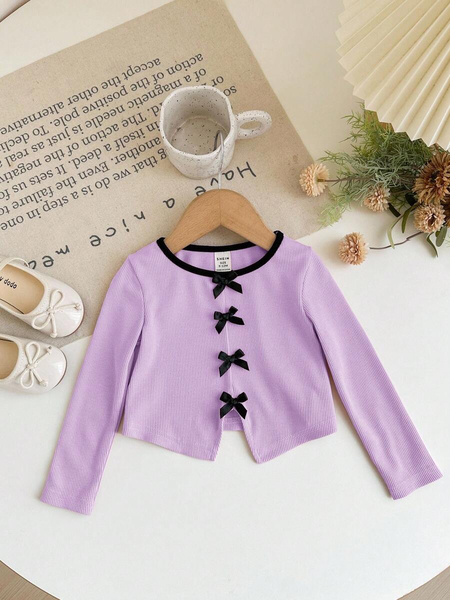 LMoss Kids Young Girl Knit Contrast Color Round Neck Fitted Top, Suitable For School Wear - Purple - View 1
