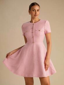 Enchnt Vestido elegante de mujer de unicolor con cuello redondo, manga corta y diseño de botones - Rosa - Ver 5
