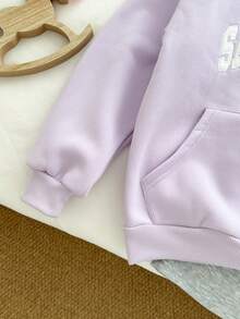 Genkimix Kids 女童紫色羊毛连帽运动衫和浅灰色运动裤套装，刺绣前襟设计，脚踝和袖口设计，时尚外观，适合春秋季节，适合大龄女孩，纯色，长袖，涤纶，松紧腰，适合户外，请根据我们的尺码表选择 - 淡紫色 - 查看 3