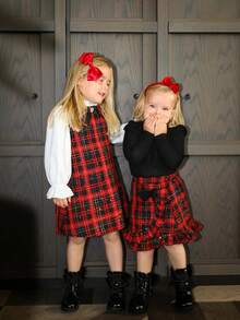 PrepCrw 1pc Young Girls Elegant Urban Versatile Classic Christmas Black Plaid White Ruffle Collar Long Sleeve Dress, Suitable For Casual Outings, Gatherings, Holidays, Autumn, Winter, Christmas - Red and White - View 10