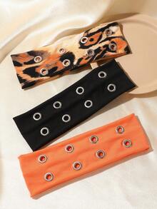 ROMWE Goth 3Pcs New Retro Leopard Print + Solid Color Metal Hole Women's Headband, Suitable For Women's Hair Accessories For Street Concave Shape And Photography - Multicolor - View 2