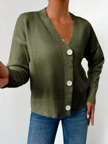 EURMUSE 女用落肩單排扣開襟衫 - 橄欖綠 - 查看 3