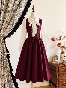 Vintamour 复古优雅女装连衣裙，带口袋，双排扣链条金属纽扣，休闲度假连衣裙，秋季服装 - 酒紅色 - 查看 9