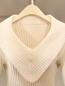 GlowEve V-Neck Ruffle Trim Fitted Elegant Sweater, Versatile Solid Color Soft & Comfortable Pullover For Women, Autumn/Winter