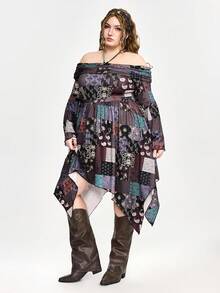 ROMWE Fairycore Vestido plus size Fairycore Mori Kei com bainha assimétrica, ombros à mostra, textura patchwork e estampa vintage; Vestido plus size Cottagecore Mori de manga comprida com decote halter e estampa patchwork.