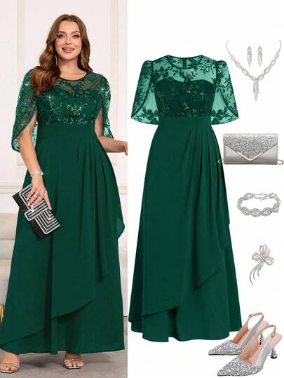 Ellevyn 大码女式优雅亮片刺绣连衣裙，适合派对和聚会，夏季