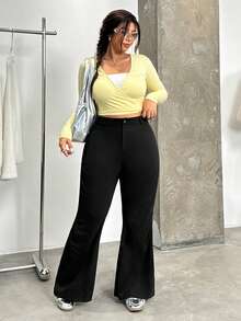 SHEIN EZwear Pantalon évasé plissé noir grande taille, automne/hiver - Noir - Voir 4