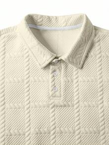 Manfinity Homme Men's Jacquard Fabric Button Placket Long Sleeve Polo Shirt, Spring And Autumn,White Button Up Men Polo Shirt - Apricot - View 4