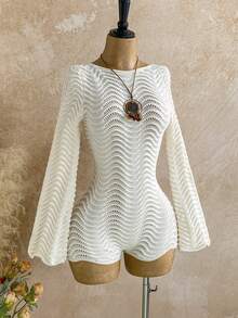 Soleia New Casual Vacation Western Beach Wedding Guest Attire, Graduation Brunch, St. Patrick's Day Spring Break, Easter Music Festival, Elegant Bohemian Tropical Texture Flare Sleeve Backless Knitted Jumpsuit For Women Autumn Winter Clothes For Women