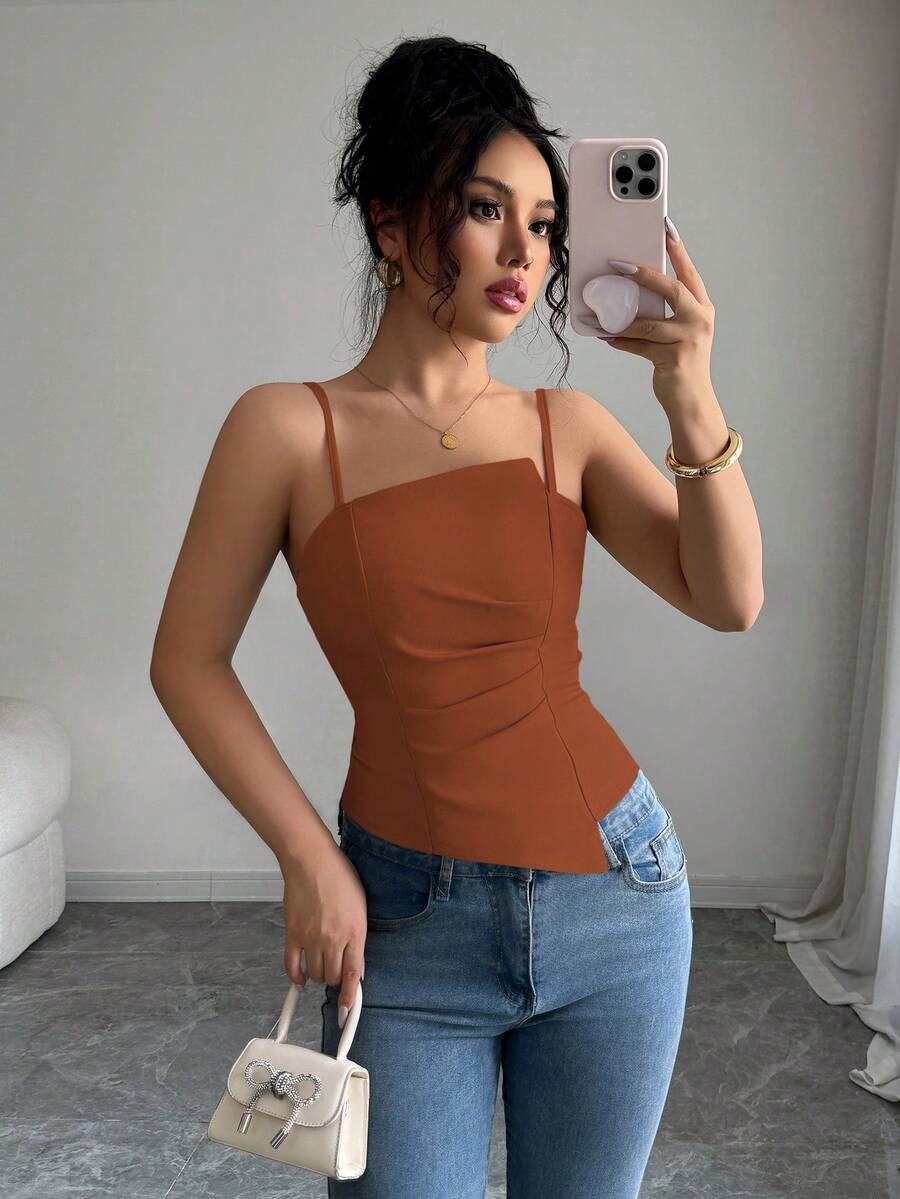 Elenzga Elegant & Cute Pleated Design Women Tank Top - Rust Brown - View 1