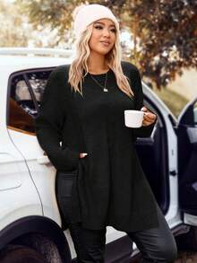 SHEIN LUNE Plus Size Women's Solid Color Round Neck Drop Shoulder Long Sleeve Loose Casual Pullover Sweater, Autumn/Winter - Black - View 6