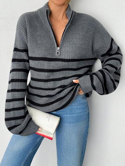 SHEIN Black & Gray Striped Collared Zip-Up Sweater Striped Half Zip Knit Sweater, Casual High Collar Pullover Jumper For Minimalist Autumn Winter Street Style