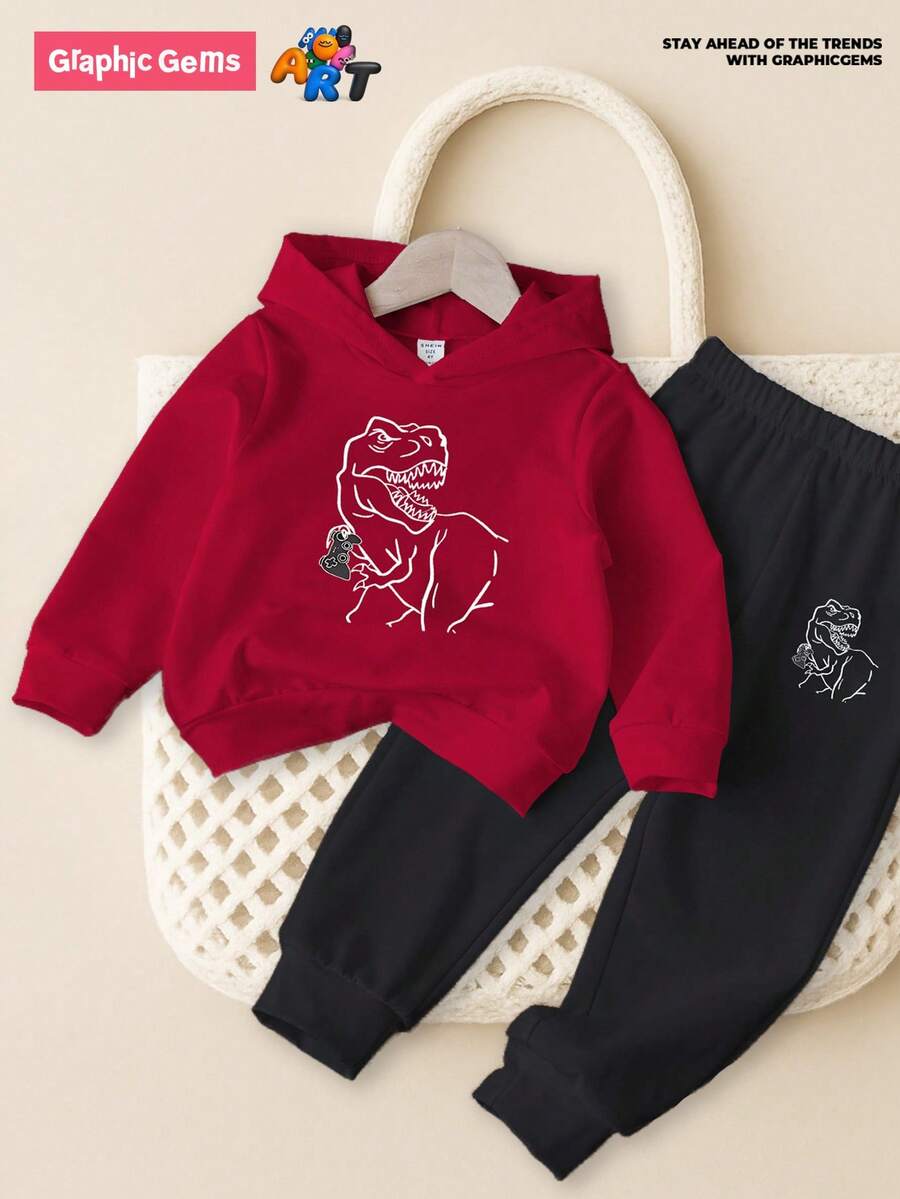 2 件套幼儿男童恐龙卡通图案印花红色连帽运动衫和黑色运动裤套装,舒适的日常基本款服装 - 彩色 - 查看 1