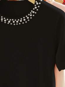 Airaco Áo thun nữ cổ tròn tay ngắn họa tiết ngọc trai thường ngày - màu đen - Xem 2