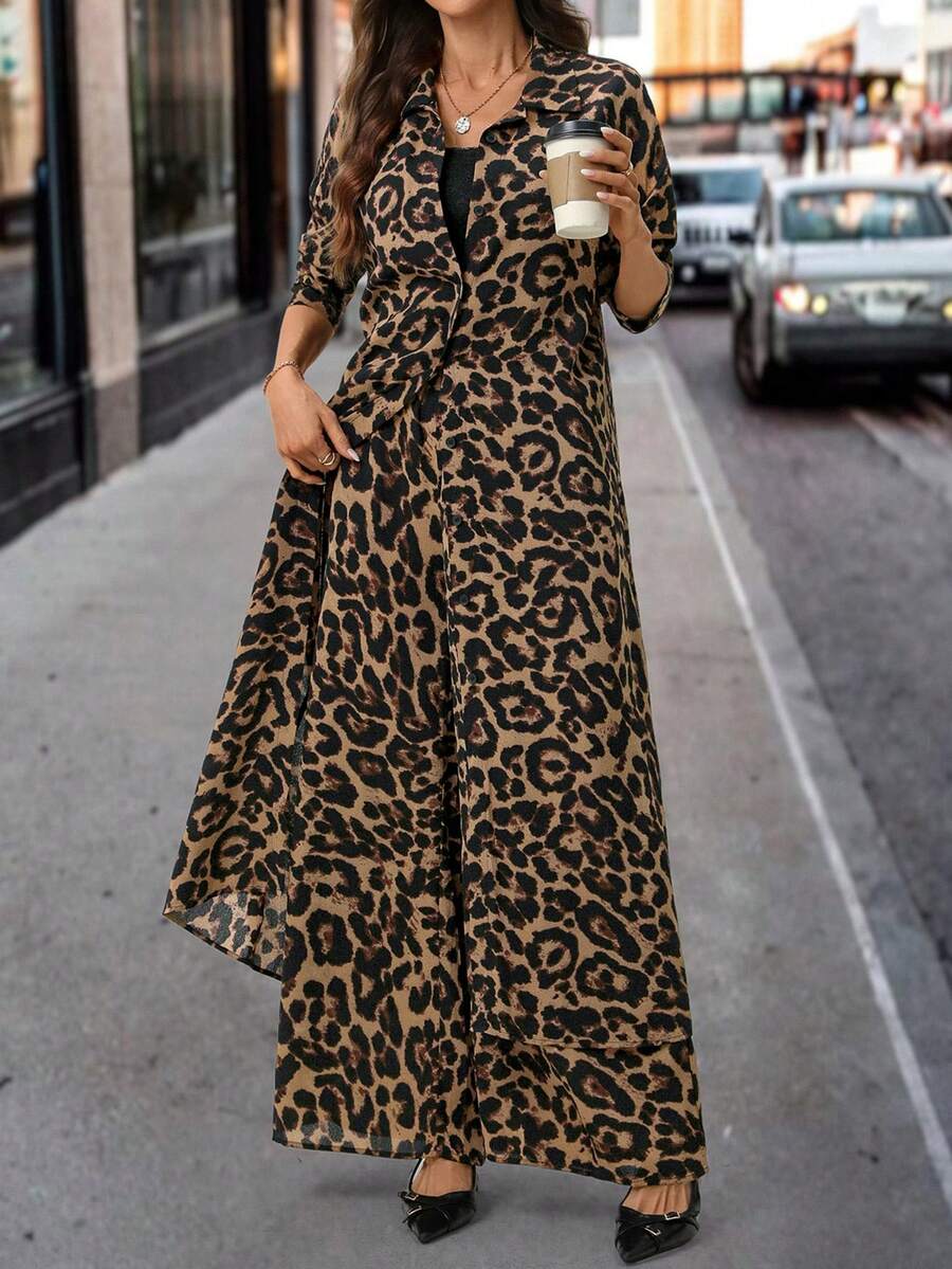 SHEIN Clasi 秋季女士豹纹长衬衫和裤子两件套 - 棕色 - 查看 1