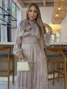 女士长裙，春秋款，腰部褶皱，闪亮，优雅百搭 - 中紫紅色 - 查看 4