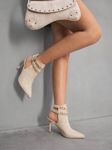 CUCCOO SZL 女士尖头细高跟中筒靴，时尚简约 - 米色 - 查看 8