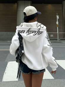 SHEIN EZwear 女士白色连帽拉链长袖字母刺绣设计休闲卫衣，长袖上衣，毕业季、返校季服装，毕业季，女教师服装，秋冬返校季外套，Y2K白色女式外套，Y2K卫衣 - 白色 - 查看 2