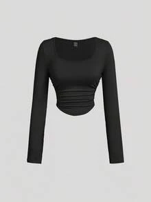 SHEIN MOD 3件套女士褶皱休闲方领长袖T恤套装，保暖衣物，秋季，外出上衣，假日，新年 - 彩色 - View 6