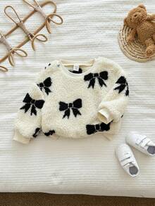LMoss Kids LMoss 女婴针织毛绒小熊图案休闲圆领卫衣，女婴套头衫，上衣，蝴蝶结图案，长袖上衣，舒适的秋冬款式，套头衫，圣诞节 - 彩色 - 查看 4