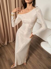 Lyxana Women's Elegant Oblique Shoulder Long Sleeve Dress, Autumn - Apricot - View 3