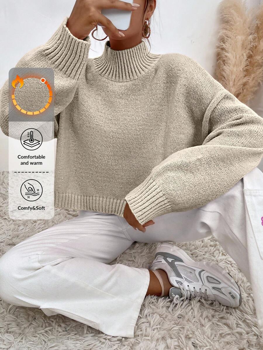 SHEIN Cottnline Drop Shoulder Solid Sweater - Beige - View 1