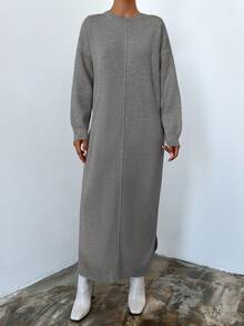 EURMUSE Solid Drop Shoulder Sweater Dress - Dark Grey - View 5