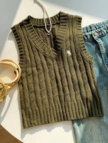 Comfortcana Women's Equestrian Pattern Knit Vest,Olive Green,Autumn,70s,School,Back-To-School Casual Minimalist Military Green Crop Top Y2k Sweater Vest Knit Tops - Army Green - View 5