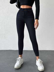 EURMUSE Tall 97 Cotton Solid Skinny Cropped JeansWide Leg Baggy Jeans Holiday Everyday Plain Black Autumn Casual - Black - View 5