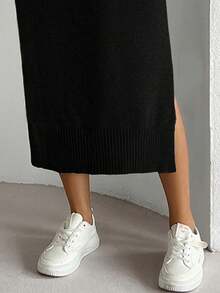 Elenzga Plus Size Casual Solid Color Sleeveless Side Slit Knit Dress - Black - View 4