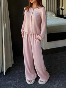 DAZY Women's Simple Brushed Knit Pajama Set, Winter - Pink - View 7