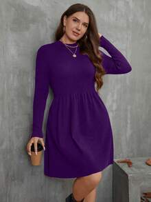 SHEIN LUNE Plus Size Women Solid Color Round Neck Long Sleeve Casual Knitted Dress, Autumn/Winter - Purple - View 4