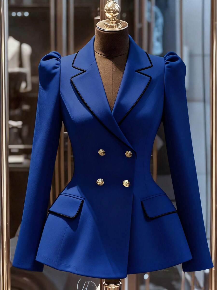 Franclia Áo blazer nữ thanh lịch, đa năng, cạp chun, cài hai hàng khuy kim loại, kiểu dáng công sở thường ngày, thích hợp mặc ngoài vào mùa xuân/thu, hoặc trong những dịp công sở giản dị. - Xanh đậm - Xem 1