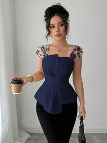 Elenzga Áo lưới thêu chắp vá bất đối xứng, thắt eo cho nữ - Màu xanh hải quân - Xem 6