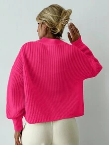 EURMUSE Women's Solid Color Front Button Long Sleeve Minimalist Casual Blouse - Hot Pink - View 2