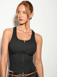 Nuvra 女式双层抽绳塑身吊带背心 - 黑色 - 查看 5