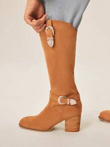 Styleloop Sepatu Bot Ankle Wanita Ujung Bulat Hak Tinggi Blok Cokelat Gaya Retro dengan Tali Gesper, Sepatu Bot Koboi, Sepatu Bot Setinggi Lutut, Sepatu Bot Berkuda, Cocok untuk Festival Musik dan Liburan, Gaya Barat - Coklat - View 5