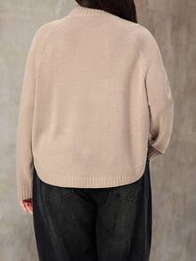 EMERY ROSE Plus Size Solid Color Button Decor Turtleneck Casual Versatile Long Sleeve Pullover Sweater - Khaki - View 2