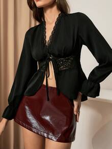 Bluhae 女装2025秋季新款优雅蕾丝花边腰长袖衬衫 - 黑色 - 查看 3