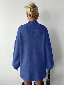EURMUSE 立领不对称下摆开衩宽松落肩长袖毛衣 - 水鴨藍 - 查看 2