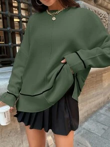 EURMUSE Women's Solid Color Crew Neck Long Sleeve Minimalist Sweater, Casual Everyday - Army Green - View 4