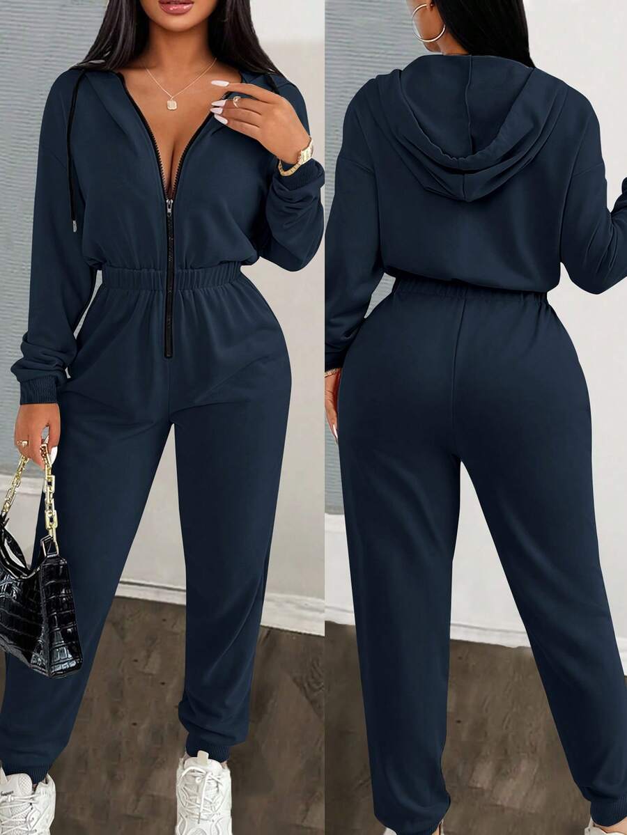 Zolique Solid Color Hooded Zip-Up Long Sleeve Jumpsuit With Drawstring - Navy Blue - View 1