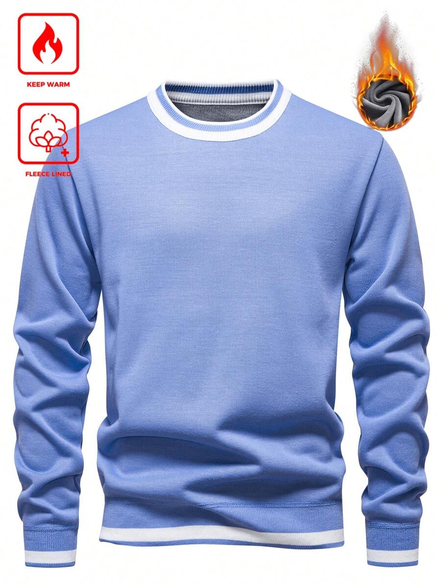 Manfinity Homme 男士保暖针织套头衫，浅蓝色，圆领，长款落肩袖，保暖内衬，常规长度，学院风撞色包边，休闲百搭 - 淺藍色 - 查看 1