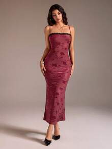 TRNVIE 1 件女士长裙，酒红色，秋冬款，撞色蕾丝，植绒烂花，超长款，细肩带，鱼尾，适合工作、休闲、约会、派对 - 酒紅色 - 查看 3