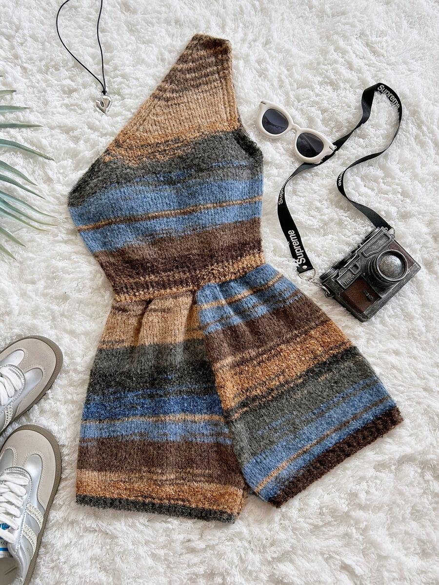 Soleia Novo Macacão com Alça de Espaguete de Tricô Degradê, Adequado para Chá da Tarde, Praia, Beira-Mar, Festival de Música, Outono/Inverno, Vestido de Igreja para Mulheres, Roupa de Aeroporto para Mulheres, Volta às Aulas, Roupa de Festa de Festival de Música, Fantasia de Halloween, Traje de Negócios para Mulheres, Vestido de Encontro à Noite para Mulheres, Roupa Sexy de Boate Noturna para Mulheres, Estilo Ocidental, Boêmio, Gótico, Vestido de Encontro à Noite, Decote Assimétrico, Decoração de Metal - Multicolorido - Visão 1