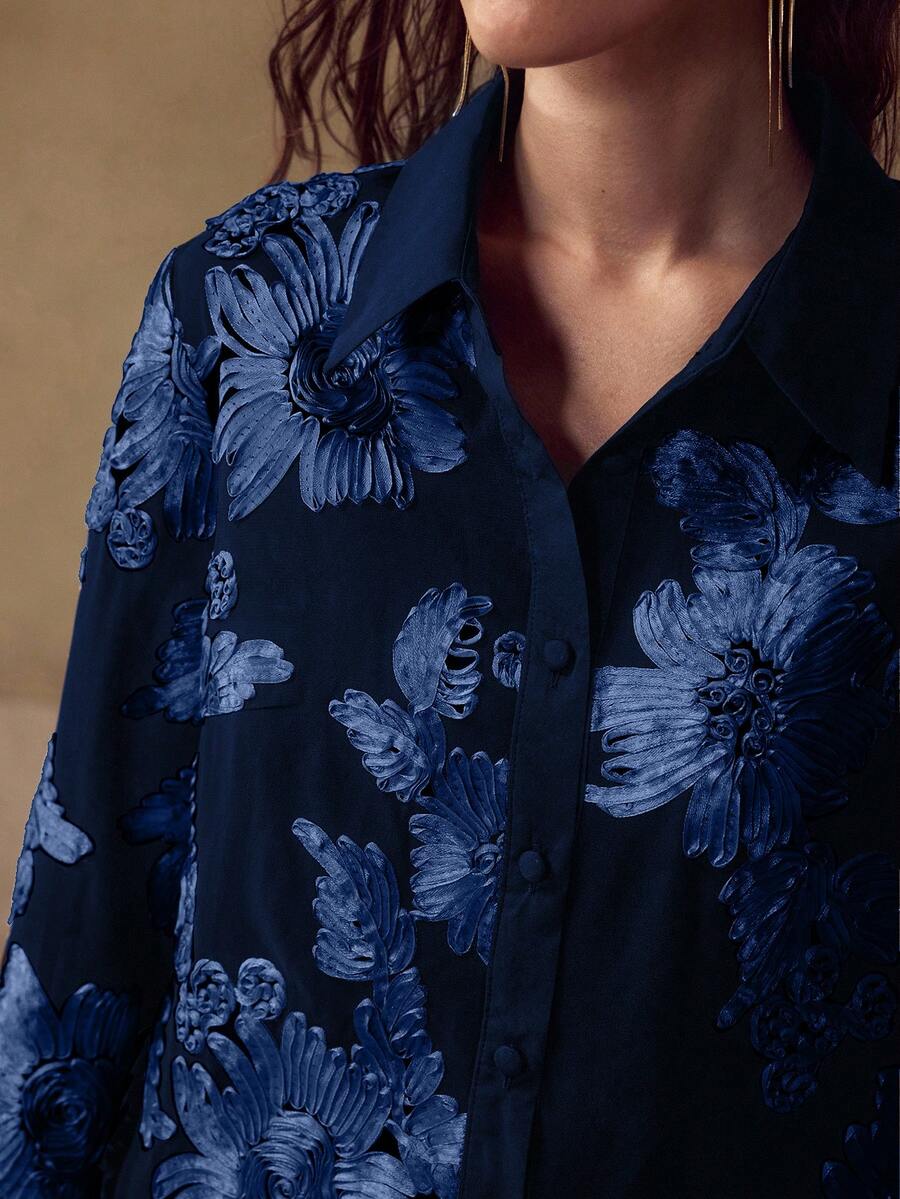 MOTF PREMIUM 黑色丝带刺绣优雅修身女士衬衫，百搭 - 藍色 - 查看 2