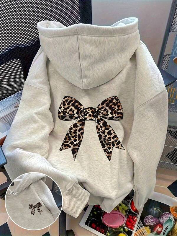 Flirla Plus Size Women's Casual Leopard Print Bow Tie Batwing Hoodie Sweatshirt, Autumn/Winter