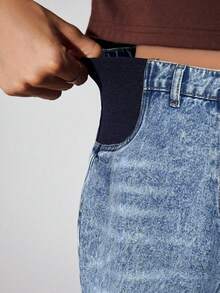 SHEIN 孕妇休闲水洗宽松直筒牛仔裤 - 中等水洗藍 - 查看 5