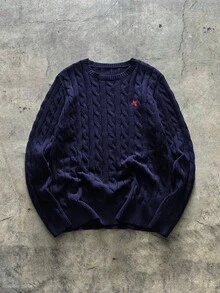 AXEPEAK 男士休闲宽松长袖针织毛衣、日常穿着、学校 - 藏蓝色 - 查看 1