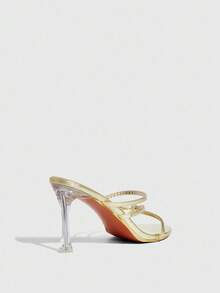 CUCCOO SZL Sandalias de tacón alto con puntera redonda, tacón de cristal, tira de metal dorado y PU, con cristales, de estilo sexy y de moda - Dorado - View 4